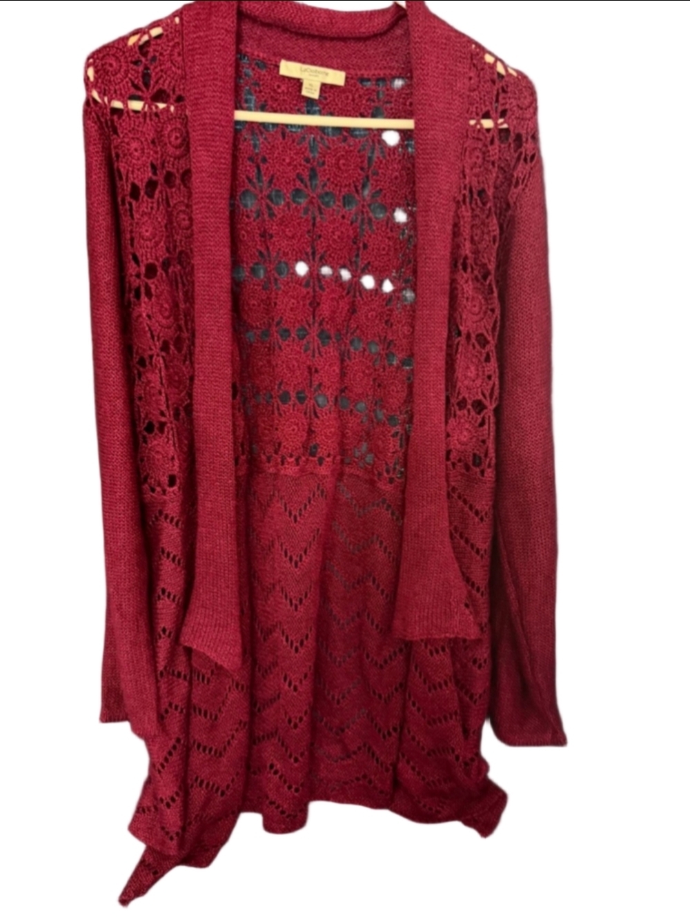 Women's Liz Claiborne Cardigan XL Burgundy Open Knit cottagecore crocheted